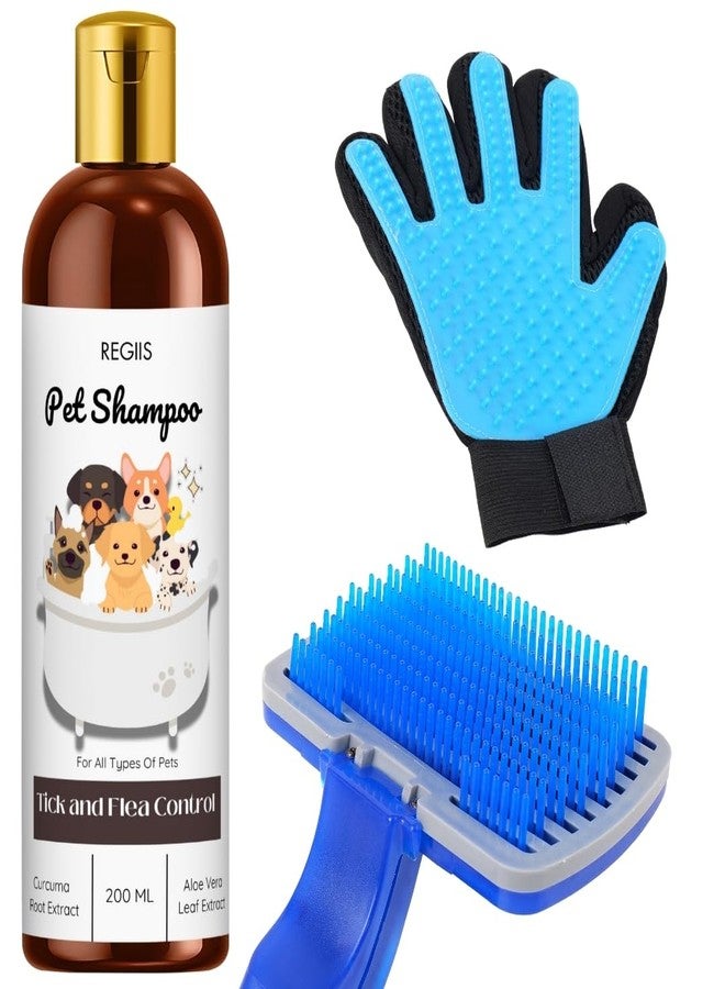 Regiis Pet Grooming Kit with Tick and Flea Control Shampoo, Blue Self-Cleaning Brush, Deshedding Glove for Dogs, 200ml(Pack of 3) - Image 1